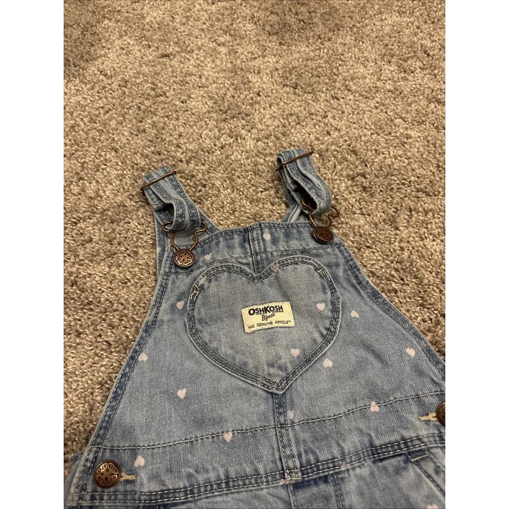 OshKosh B'gosh Overalls Girls 3T Toddler Blue Denim Pink Heart Print Bibs Cotton